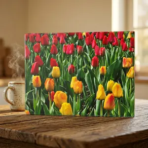 Tulip Field Floral Glass Cutting Board, Red and Yellow Tulips Flower Kitchen Decor, Botanical Cutting Board, Gift for Mom