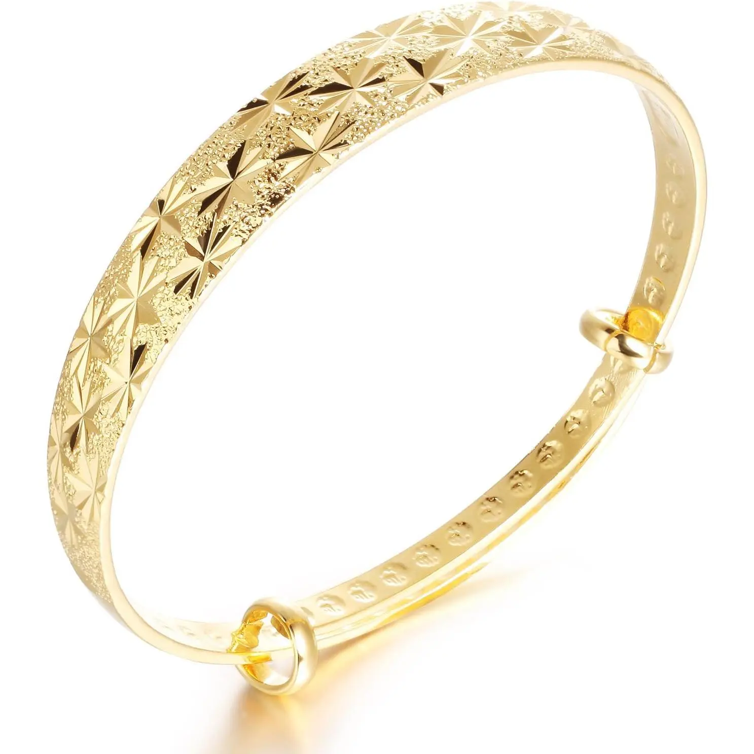 18k Yellow Gold Classical Diamond Cut Adjustable Bangle Bracelet for Women