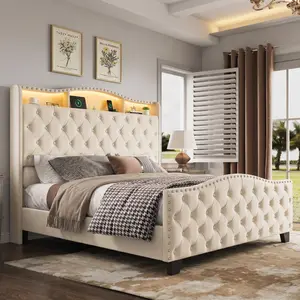 [SummerWins]Belffin King Size Bed Frame and Headboard, 50.9" Velvet Upholstered Wingback Bedframe with LED Lights & Storage/Charging Station, Button Tufted Tall Footboard, No Box Spring Needed, Noise-Free, Beige
