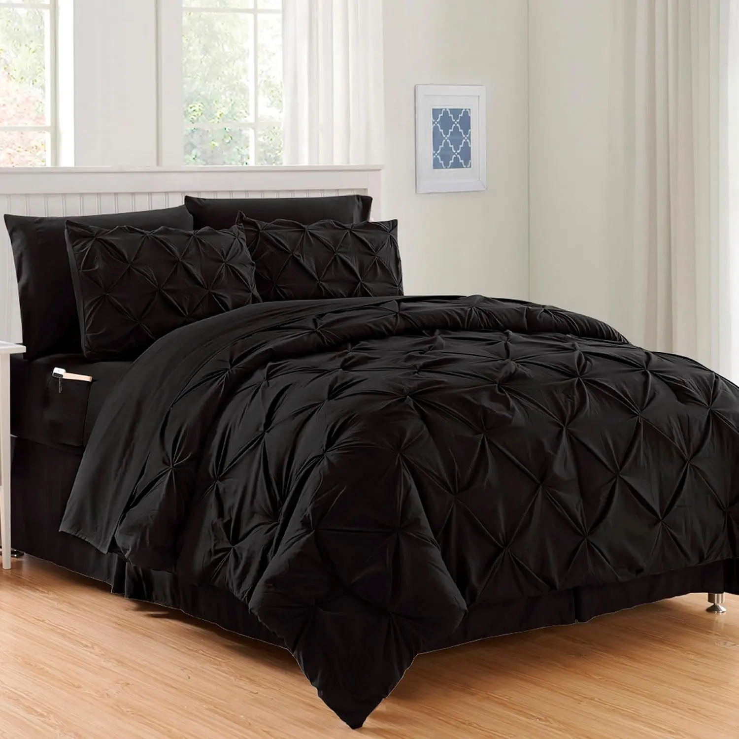 Luxury Best, Softest, Coziest 8-Piece Bed-in-a-Bag Comforter Set - Silky Soft Complete Set Includes Bed Sheet Set with Double Sided Storage Pockets, Full/Queen, Black