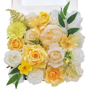 TINGE TIME Artificial Flowers Combo Mix Silk Flowers Yellow Roses w/stem for DIY Wedding Bridal Bouquets Baby Shower Floral Arrangement Table Centerpieces Home Decorations (Yellow &amp; Champange) Box Decorative