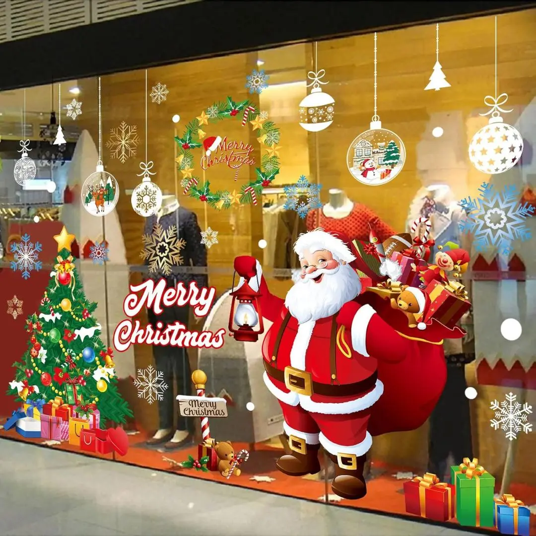 Christmas Window Decorations Cute Large Santa Christmas Window Clings Christmas Window Stickers Xmas Window Decals for Glass Window Christmas Tree Snowflake Double Sided Holiday Party Stickers