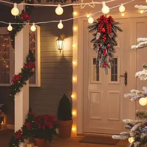 Artificial Christmas Teardrop Wreath, 21.6 Inch Pinecone Berry Decoration, Wall Window Decor, Holiday Home Decorations