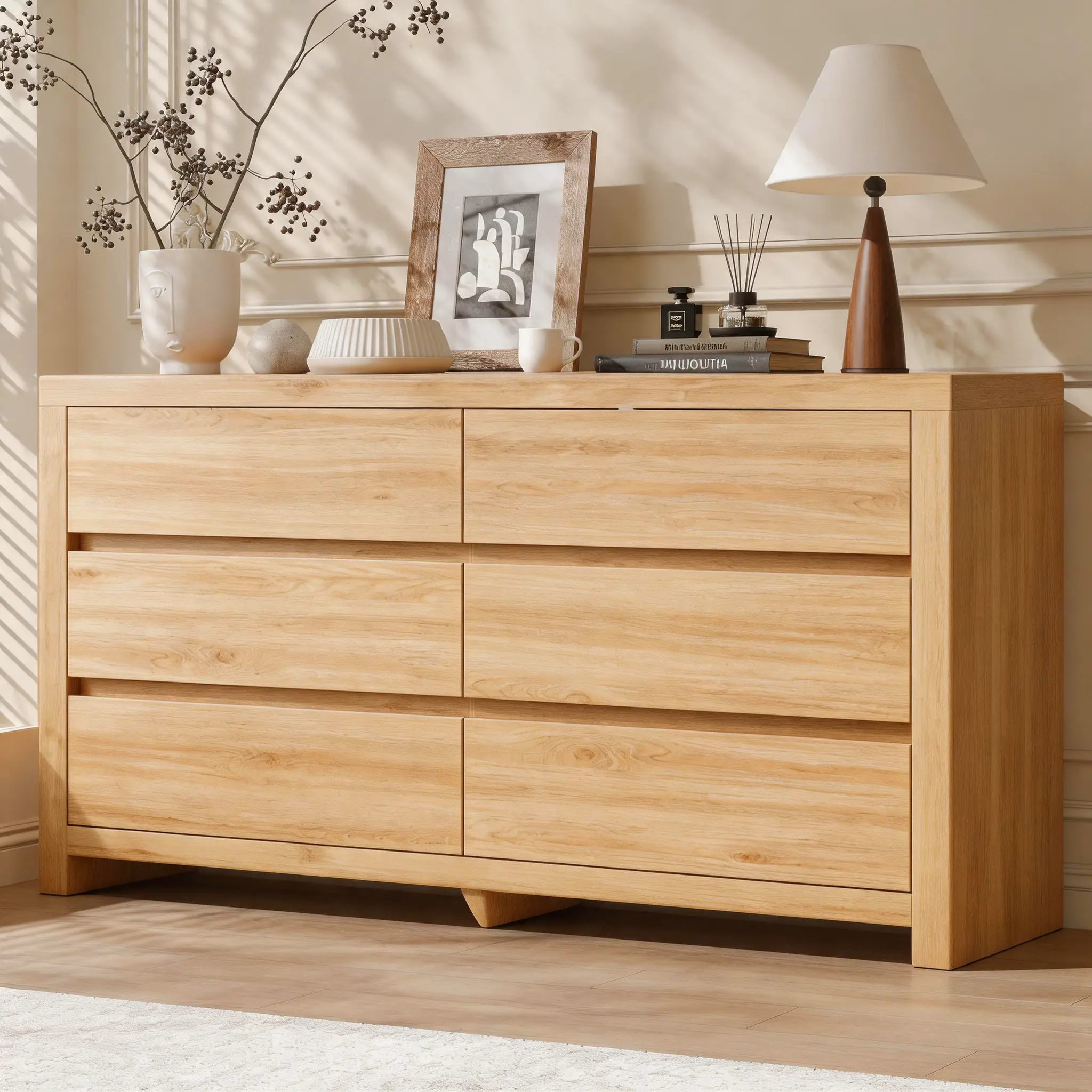 55" Dresser for Bedroom with 6 Drawers, Modern Dressers & Chests of Drawers, Wooden Dresser TV Stand, Bedroom Dressers Cabinet , for Bedroom, Hallway, Natural campingessentials