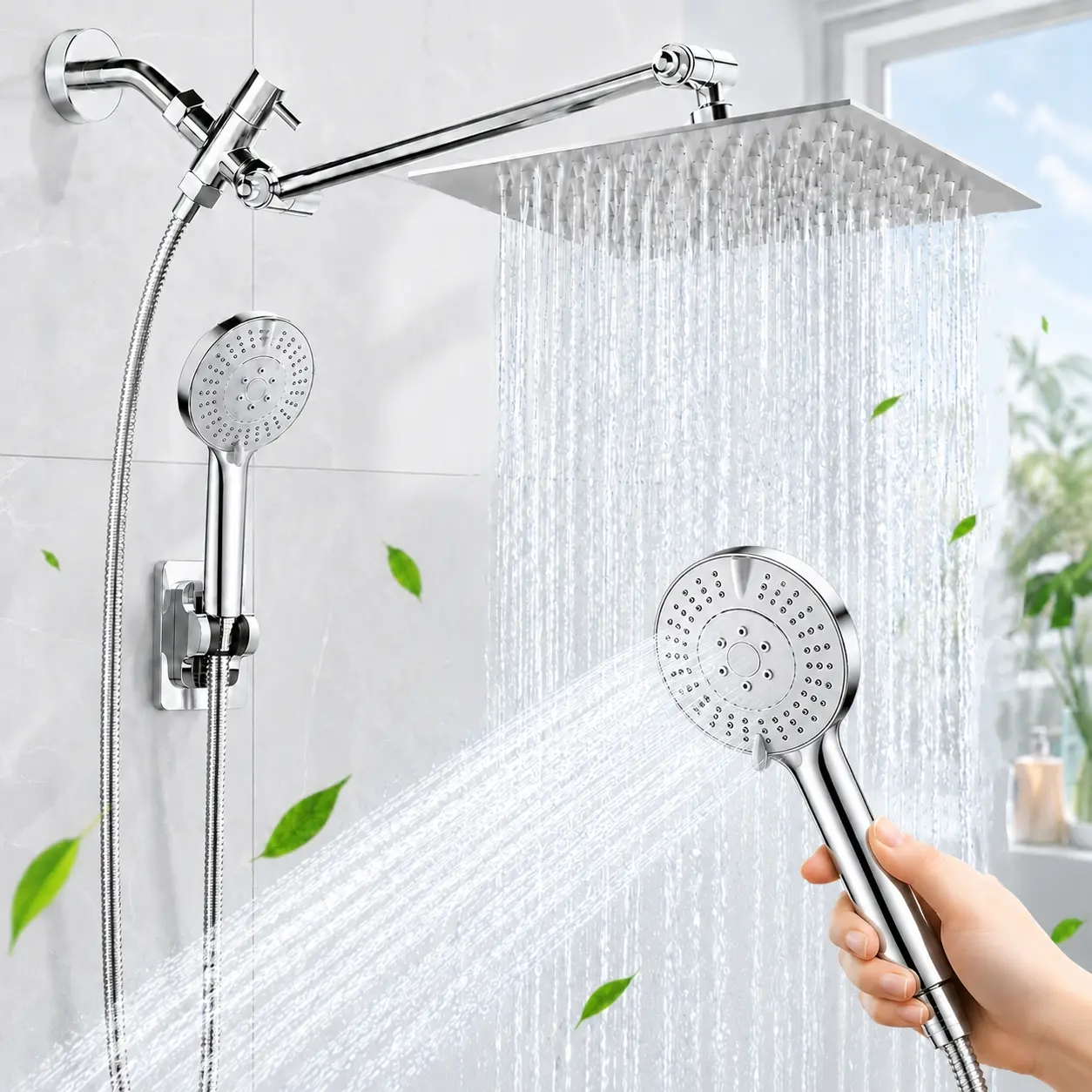 Multifunctional shower head kit, 8-inch large outlet ceiling spray, 7-speed function handheld shower, with spray gun function, adjustable extension rod and encrypted hose tandem showerhead ensemble, Multi Setting Showerheads & Handheld Showers, Flexible T