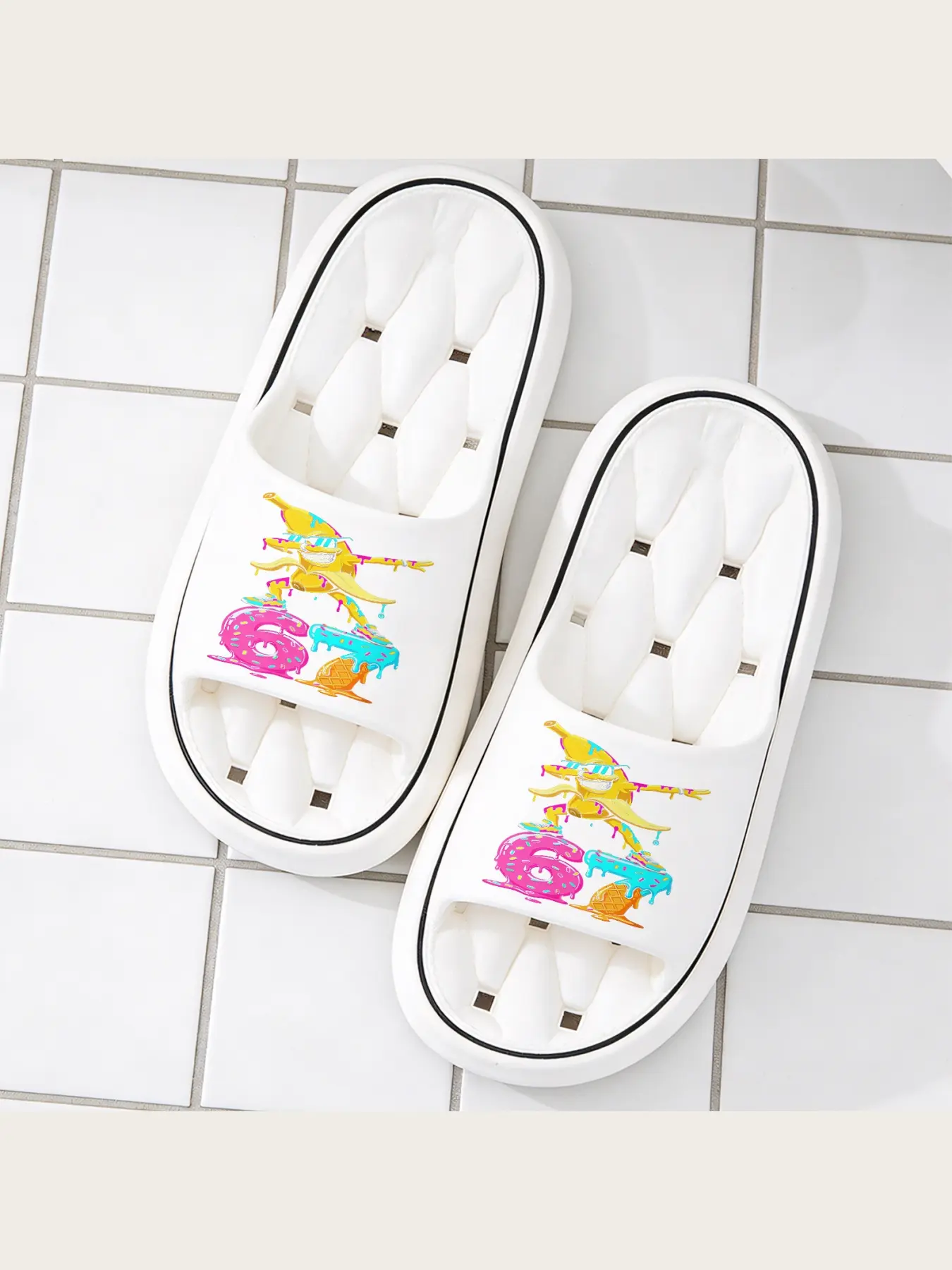 Trendy Dabbing Banana Graphic Slippers, Vibrant Dripping Donut Ice Cream 67 Print Non-slip Casual House Slides, Soft Comfortable Lightweight Open Toe Home Indoor Outdoor Slide Sandals For Men Women, Hip Hop Cool Fashion Beach Pool