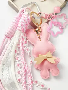 Bunny Keychain, Keychain for bags, Faux PU Leather Rabbit Keyring Pendant with Bow,Lace Tassel & Floral Trim Rope,Bell Star Charms,Braided Woven Strap,Bag Charm Backpack Accessory Y2K Star Bag Pendant