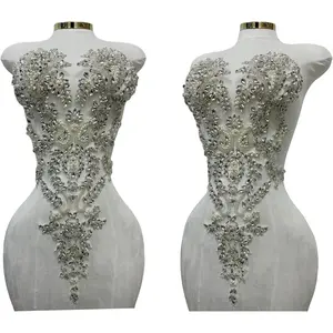 Handmade Rhinestones Lace Bodice Applique Sew on Beads Sequins Trimming Patches for Dress Clothing Accessories 1Pcs/Bag (Silver)
