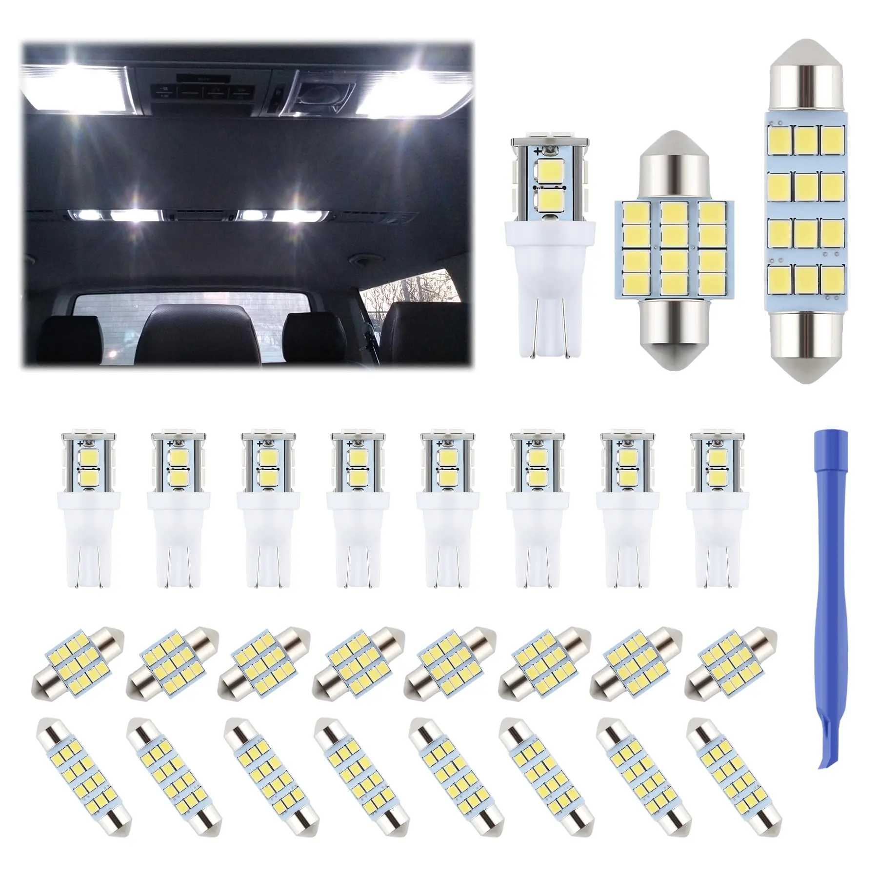 24-Piece Multifunctional Car LED Light Bulb Kit - Interior LED Vehicle Accessories, T10 Festoon, 31mm/42mm Dome Units, Replacement for Dome Lantern, Map & Door Indicator