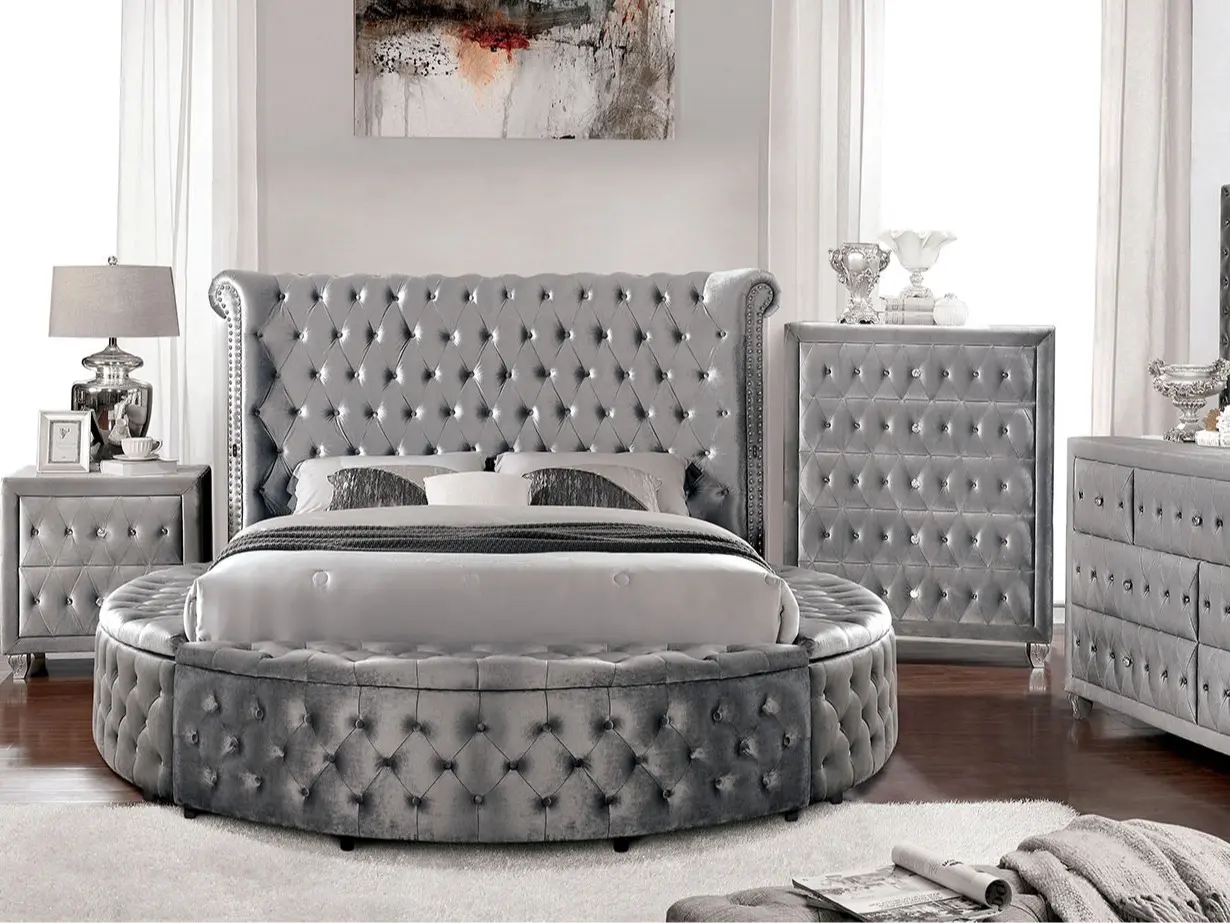 CM7178GY-4PC Linford Delilah Grey Fabric Upholstered Art Deco Style Round Queen Bed Set 4-Piece with Nightstand Dresser & Mirror for Elegant Bedroom Furniture