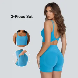 Halara 2-piece Halara UltraSculpt Double Straps Twisted Backless Cropped Yoga Tank Top & UltraSculpt High Waisted Scrunch Butt Lifting Tummy Control Side Pocket Shaping Workout Biker Shorts 5''&7
