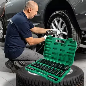 1/2 Inch Deep Impact Socket Set with Sturdy Green Storage Case for Tire Removal Mechanical Repairs Car Maintenance Works with Electric Pneumatic Drills