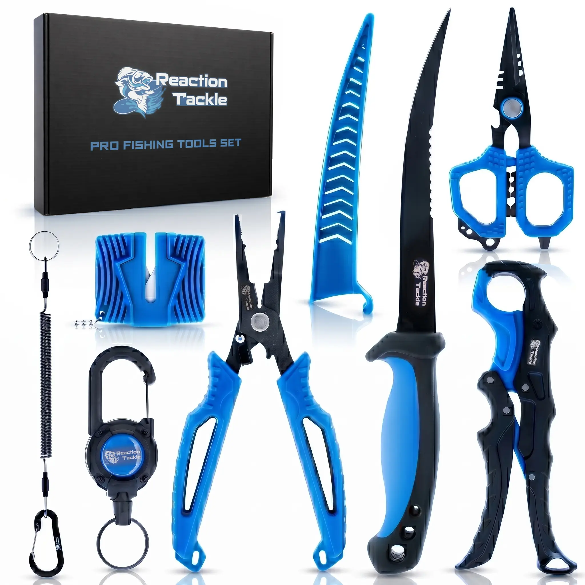 Reaction Tackle 7-Piece Stainless Steel Fishing Tool Kit - Corrosion Resistant Fillet Knife, Pliers, Braid Scissors, Lip Gripper for Fish Handling Fishing Equipment, Fish Grip Accessories