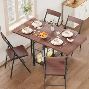 【GAOMON】Space-Saving Dining Table Set for 4, Foldable Drop Leaf Table with 4 Foldable Chairs & Swivel Wheels, Suitable for Small Space, Apartment, Kitchen and Daily Holiday Use