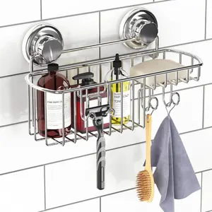 Suction cup shower storage basket, used for storing shampoo, shower suction cup shelf, basket with soap rack and hooks, stainless steel shampoo rack, for bathroom storage, chrome-plated