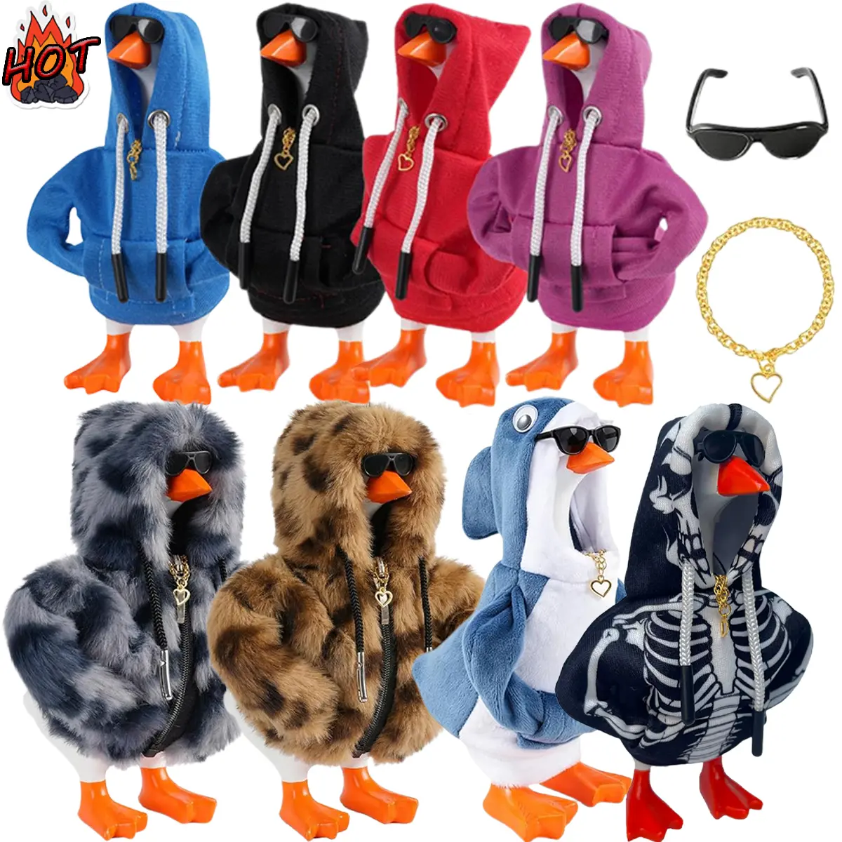 7Inch Desk Goose Outfits Mini Desktop Goose Clothes and Accessories Set Hoodie Sunglasses Necklace for Magnetic Goose Key Holder Home Decor and Housewarming Gift