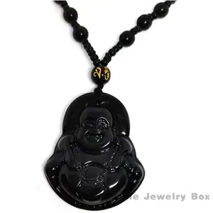 Obsidian Stone Buddha Beads Chain Necklace, Imitate Jade, Buddhism Jewelry for Women and Men, Lucky Protection Necklace