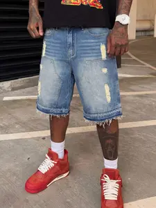 Men's blue five-point Distressed ripped denim Jeans shorts, featuring a three-dimensional whitening process for a natural fade effect, irregular ripped designs paired with frayed hems, a retro Streetwear casual Tropical style shorts, Menswear