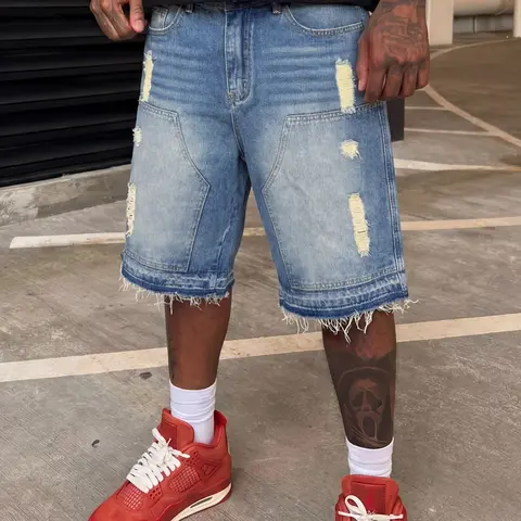 Men's Blue Knee-Length Ripped Denim Jean Shorts, Faded Wash with Irregular Distressing & Frayed Hems, Retro Vintage Streetwear Casual Style Shorts, Distressed Frayed Hem, Menswear