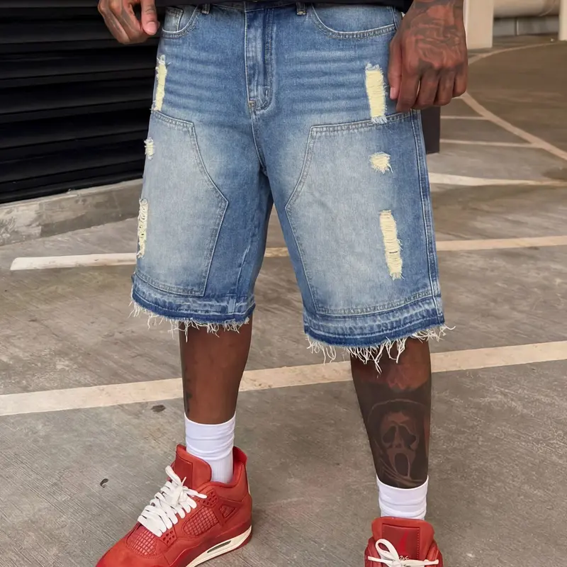 Men's Blue Knee-Length Ripped Denim Jean Shorts, Faded Wash with Irregular Distressing & Frayed Hems, Retro Vintage Streetwear Casual Style Shorts, Distressed Frayed Hem, Menswear