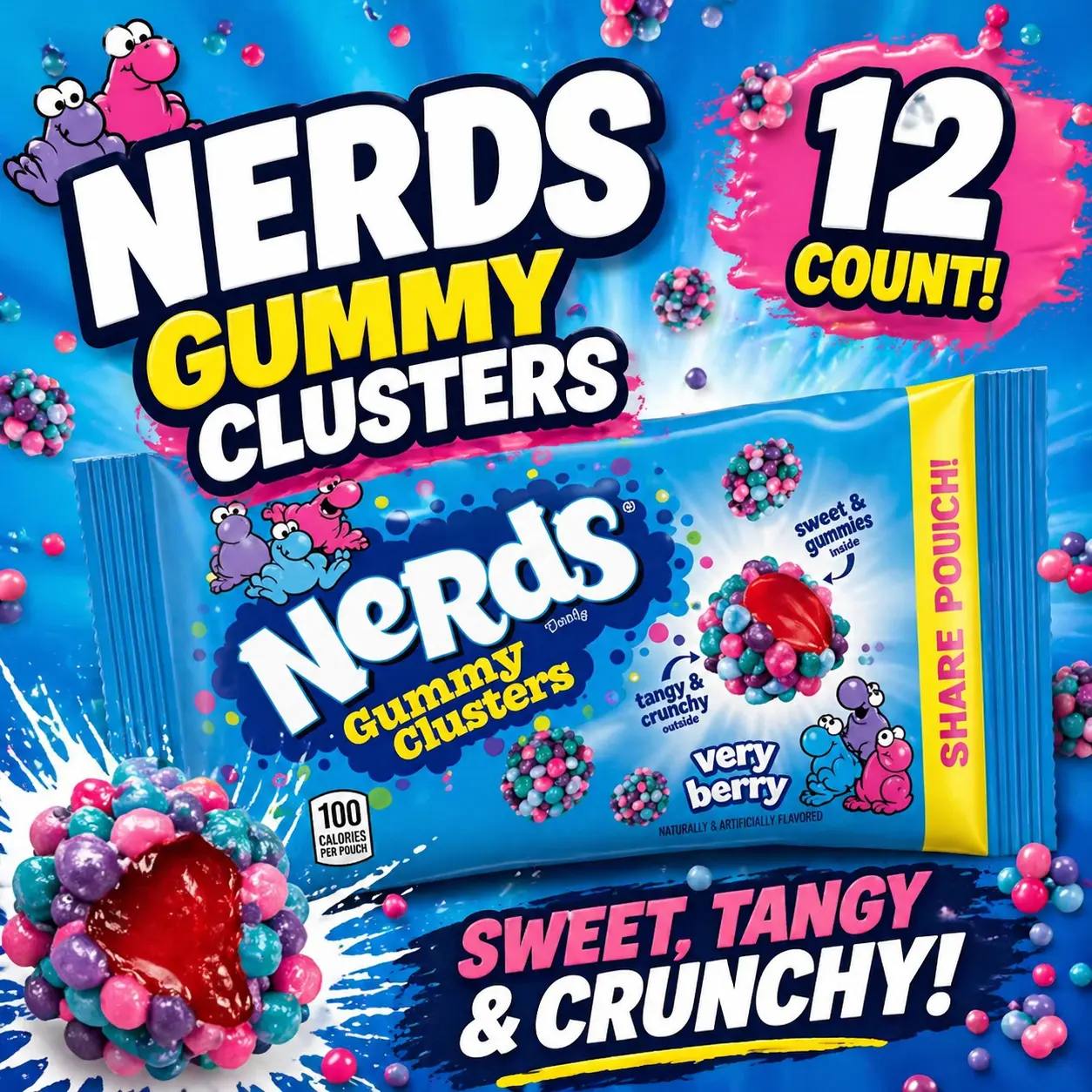 NERDS Gummy Clusters Very Berry 12 Count  Crunchy & Chewy Berry Candy | Sweet & Tangy Bite-Sized Treats for Parties & Snacking