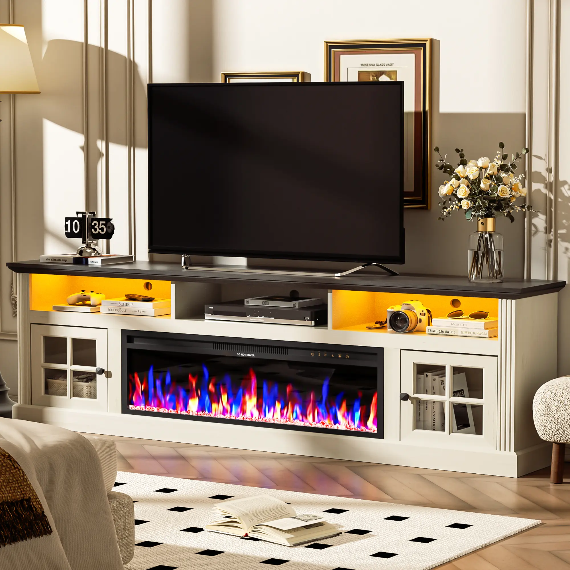 【2 Packages Shipping】AHB 70" Wood Fireplace TV Stand with 36" Electric Fireplace, Led Lights & Storage Cabinets, Vintage French Country Entertainment Center for 80" TVs, Living Room Media Console Table summervibes, Wood Tv Stand, Firep homeessentials
