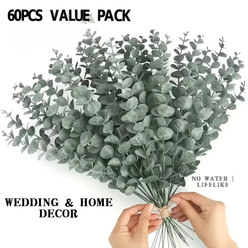 60 Pcs Artificial Eucalyptus Stems, Artificial Eucalyptus Leaves, UV Resistant Fake Plastic Greenery, Ideal for Wedding Bouquets, Home Decor, Flower Design Decorations, Garden, Floral Arrangements, Decorative Fake Plants