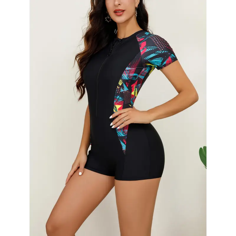 Women'S Short Sleeve Rash Guard Swimsuit - Vibrant Tie-Dye Design, Sun Protection, Stand-Up Jumpsuit for Surfing & Snorkeling, High-Elasticity Polyester, Zippered Closure, Vibrant Color Bloc