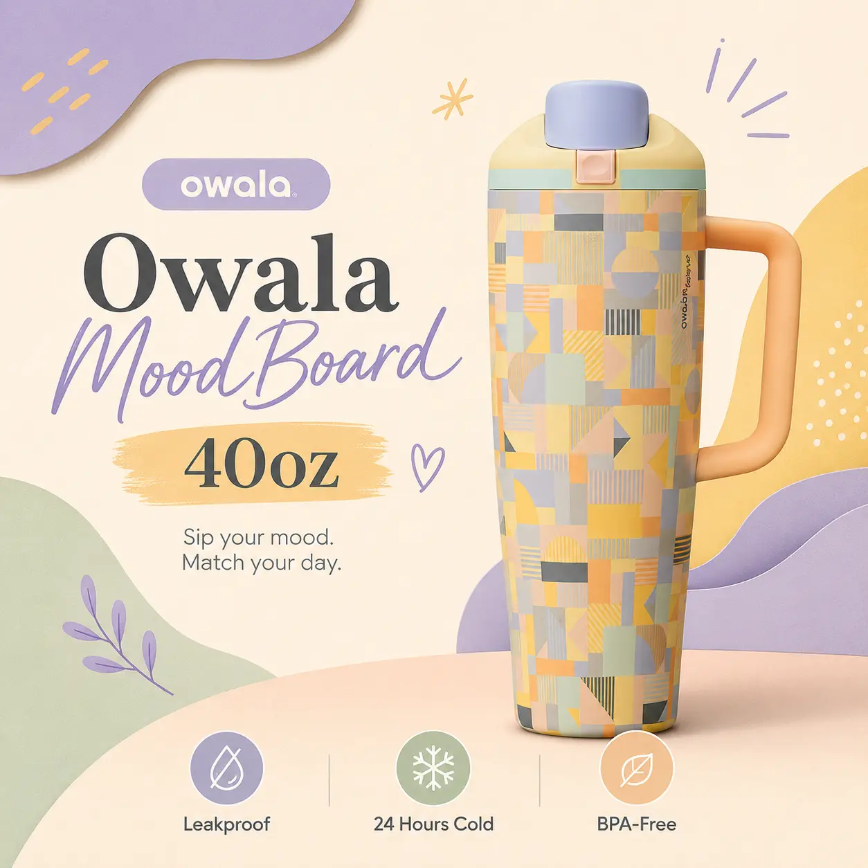 Owala MoodBoard 40oz Insulated Tumbler with Handle, Pastel Geometric Travel Cup, Leakproof BPA-Free Stainless Steel Drinkware