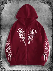 Men's Original Gothic Dark Style Printed Zipper Hoodie, Fashionable Streetwear for Casual Occasions, Fall and Winter Moderate Thickness