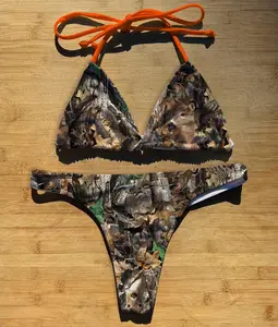 Hunting Camo | Thong Cheeky Full Coverage | Orange Triangle String Tie Top Bathing Suit | camouflage realtree redneck rave mud Bikini fall