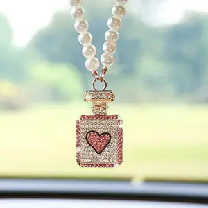 Rhinestone Decorated Perfume Bottle Design Car Pendant, Car Rearview Mirror Hanging Ornament with Faux Pearl Chain, Car Interior Decorative Accessories, Car Interior Decoration, Car Accessory