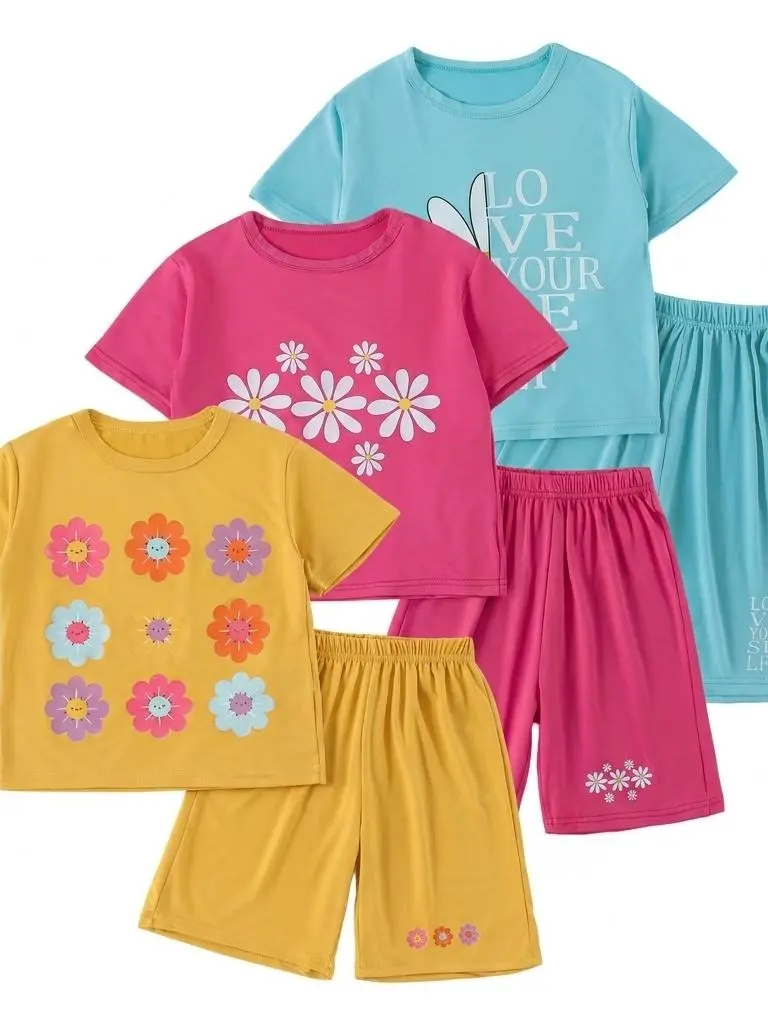 Girls' 6-Pack Love Heart Print T-Shirt & Sunflower Dolphin Shorts Tracksuit Set - Polyester Fits, Machine Wash Kids' Casual Sports Clothing Suits & Sets, Kids Clothing Girls,back to school,back to school shopping, Shirts For Girls