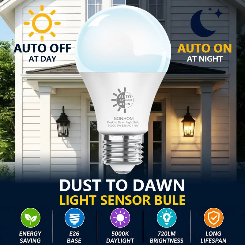 Dusk to Dawn Light Bulbs Outdoor, 5000K-Daylight, 720LM, 9W(60W Equivalent) A19 E26 Automatic On/Off LED Light Bulbs, Dusk to Dawn LED Outdoor Lighting for Porch Garage Patio