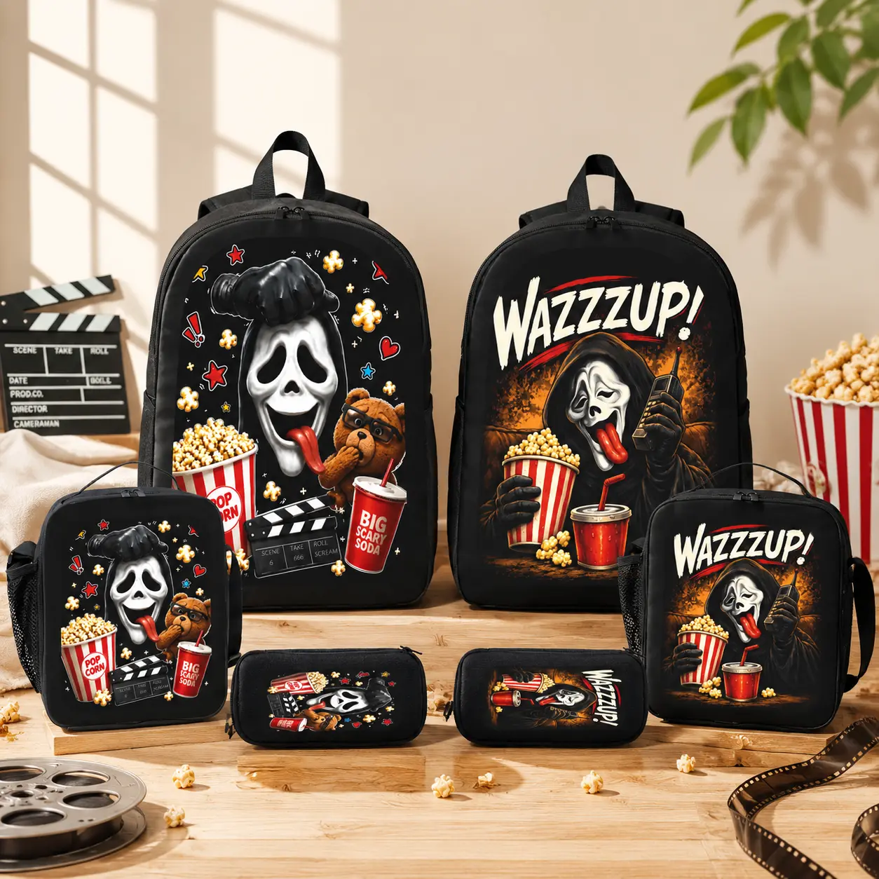 Scary Movie Ghost Face 3PCS Backpack Set for Horror Comedy Movie Fans School Backpack Lunch Bag and Pencil Case Unisex Bookbag Teen Backpack Laptop Backpack Casual Daypack for Boys Girls Back to School Gift Travel School Bag