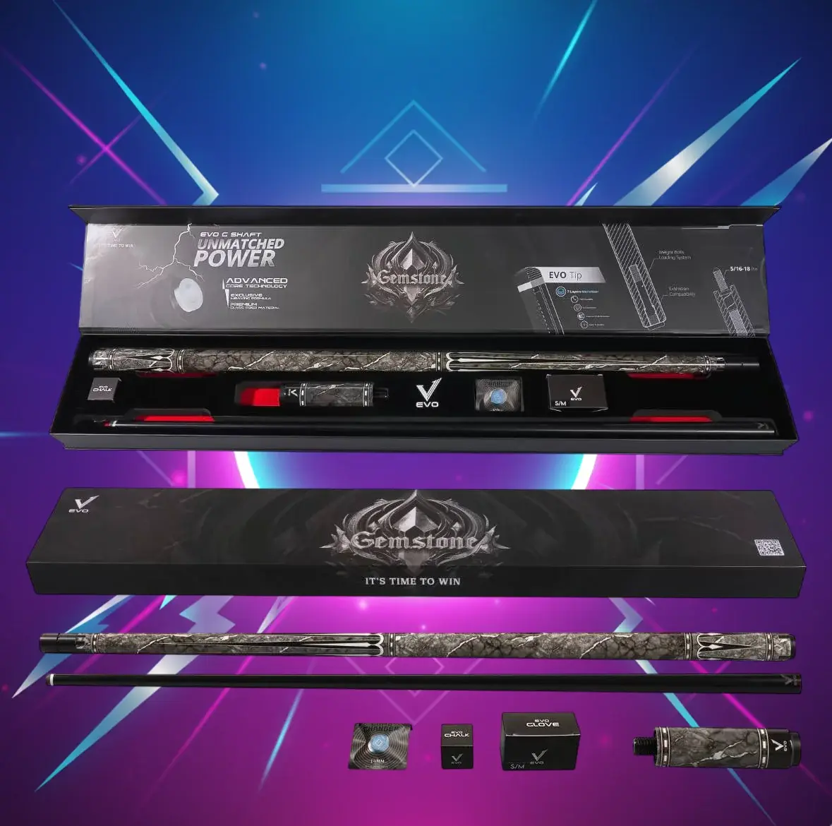 EVO Gemstone Maxbing Edition Nightglow Pool Cue – Radiant Glass Fiber, 12.5 mm EVO Tip, 19–19.5 oz, Carbon-Reinforced Butt, 5/16-18 Joint, 4-inch Extension, Complete Player Kit