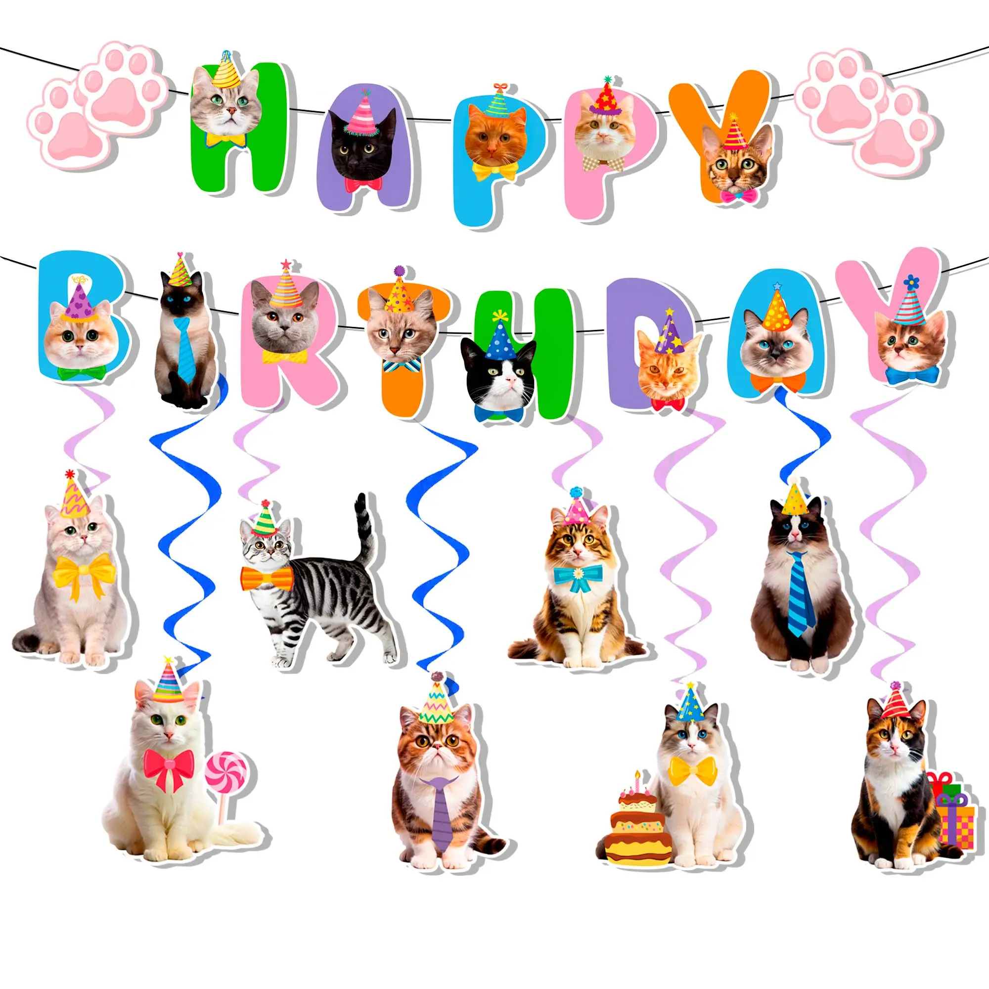 Cat Birthday Party Decorations, 9 Pcs Cat Birthday Decorations - Cat Themed Birthday Banner Balloon & Cat Swirl Decorations for Cat Themed Birthday Party Supplies
