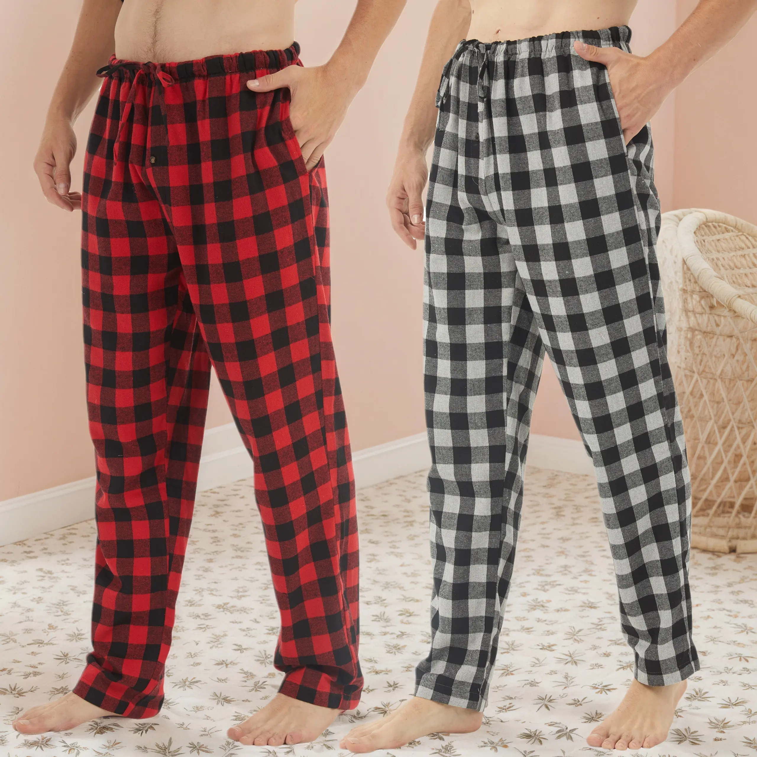 Men's 2-Pack Flannel Pajama Pants - Thermal, Fluffy Fabric Menswear with Pockets, Drawstring - Loungewear Sleepwear Pajama Set for Men