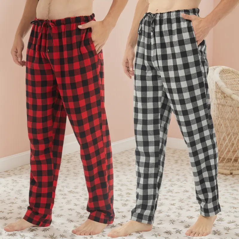 Men's 2-Pack Cotton Basic Flannel Thermal Plaid Checked Pajama Pants Boxed Set - Drawstring Waist, Soft Cozy Fabric, Side Pockets, Button Closure, Nightwear Jogging Loungewear Bottoms, Plaid Checked Men's Pajamas Bottoms