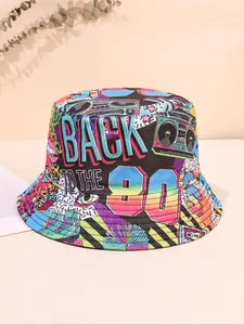 Unisex Street Trend 80s Party Pattern Bucket Hat, Graphic Hat, Casual Trendy Double-side Wear Reversible Summer Beach Sun Hat, Packable Fisherman Cap for Women & Men