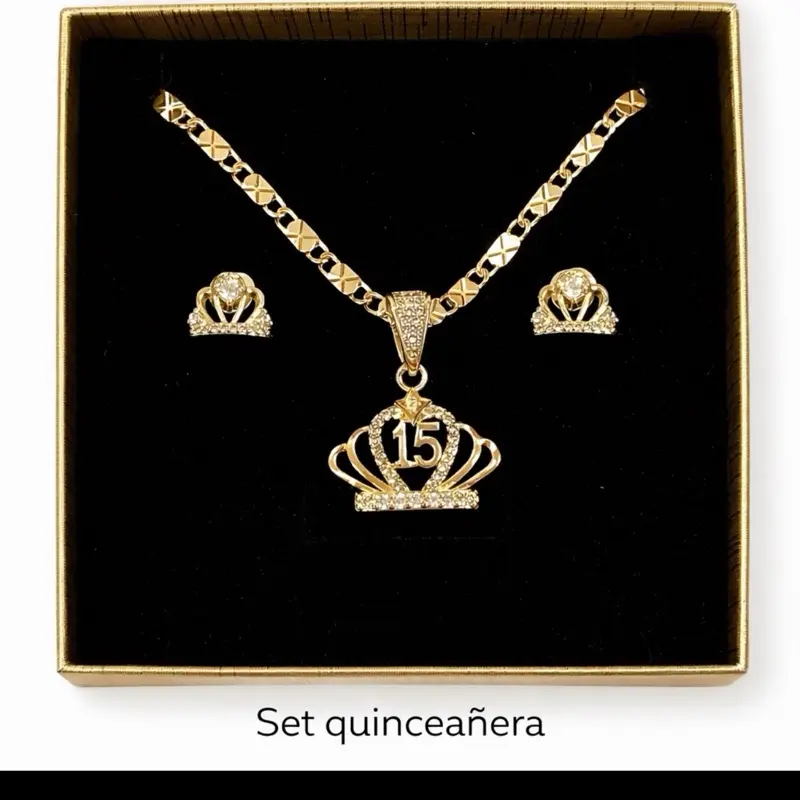 Precioso set de quinceañera gold plated/ incluye dije, cadena size 19” y aretes.