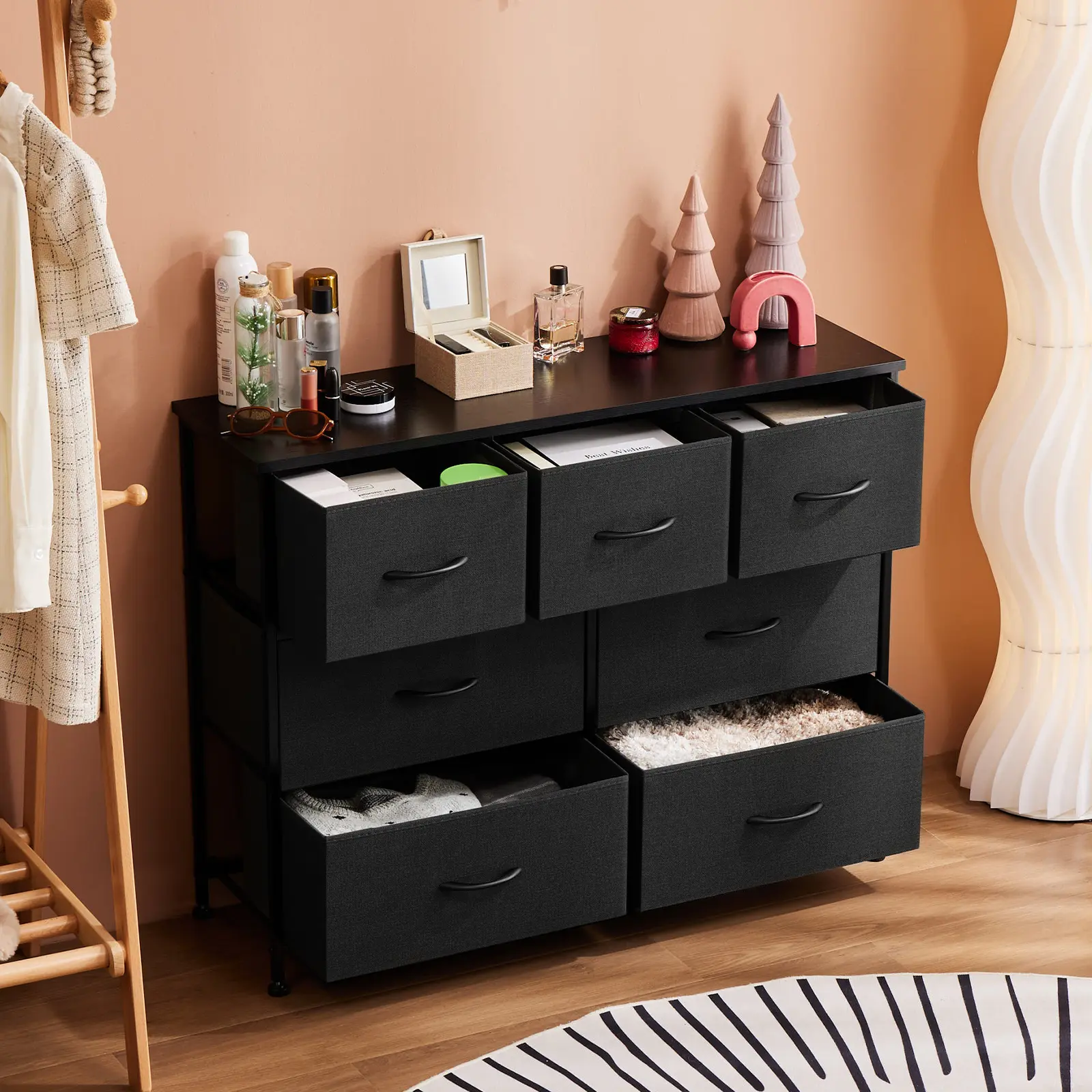 SweetFurniture 7-Drawer Modern Storage Cupboard - Fabric Slide Out Drawers Dresser with Wood Top, Closet Organization Solution for Bedroom, Apartment Furniture, Drawers Cabinet, Entryway Storage Cabinets