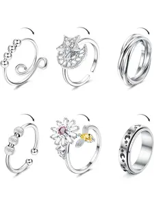 6Pcs Fidget Ring for Women Adjustable Spinner Rings for Anxiety Moon Star Bead Cubic Zirconia Flower Stress Relief Stackable Ring Set Adjustable Sunflower Ring