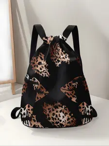 Leopard Print Drawstring Backpack, Large Capacity Durable Gym Bag, Adjustable Shoulder Straps, Casual Travel Hiking Camping Bag
