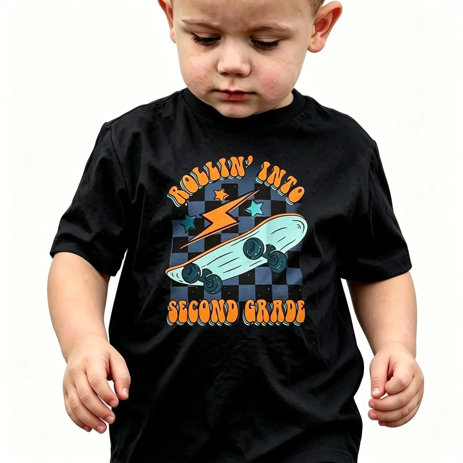 Retro Checkerboard Skate Second Grade Boys T-Shirt Boys Vintage Skater 2nd Grade Shirt Retro Checker Print Lightning Star Graphic Kids First Day Of School Tee