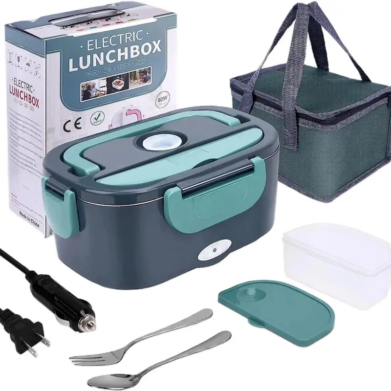 Electric Lunch Box Food Heater 110V 12V 24V Portable Stainless Steel Container BPA Free Leak-Proof for Office Truck Car Work Lunch Box Heater with Cutlery