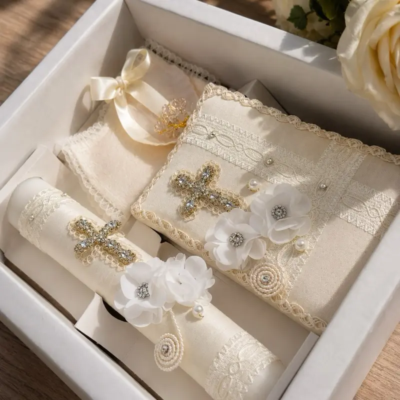 Free Shipping Baptism Candle Set - 8in Ivory Wax Candle, Traditional Rosary, New Testament, Decorative Elements in White Box for Ceremony, English & Spanish Gift (No Additional Items Included), 8 In