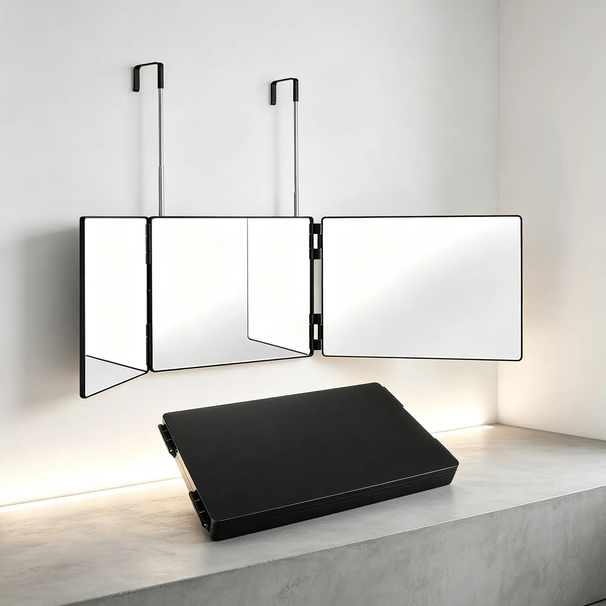 Foldable three-sided mirror three-way mirror, adjustable telescopic hook, 360-degree view, clear anti-fog high-definition glass, suitable for makeup, hair styling and haircutting.