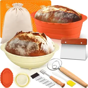 Complete Sourdough Starter Kit - 8 Pack Baking Supplies with 2 Silicone Proofing Baskets