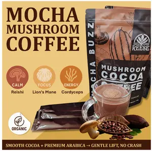 Reese Beauty Mocha Buzz Mushroom Coffee Cocoa 30 Sachets Organic Vegan Sugar-Free Reishi Lion's Mane Cordyceps Blend Herbal Wellness Drink - Turmeric